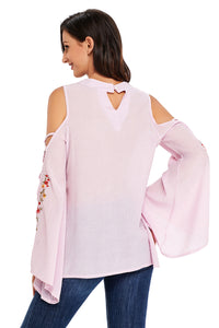 Sexy Pink Embroidered Crisscross Bell Sleeve Blouse