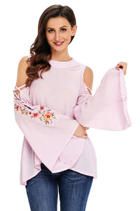 Sexy Pink Embroidered Crisscross Bell Sleeve Blouse