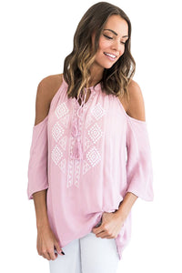 Sexy Pink Embroidery Detail Cold Shoulder Top