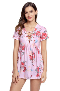 Sexy Pink Floral Grommet Lace Up V Neck Loose Shirt