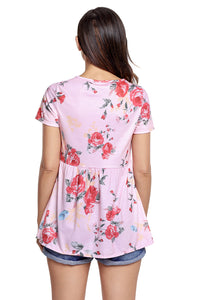 Sexy Pink Floral Grommet Lace Up V Neck Loose Shirt