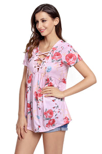 Sexy Pink Floral Grommet Lace Up V Neck Loose Shirt