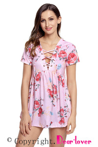 Sexy Pink Floral Grommet Lace Up V Neck Loose Shirt