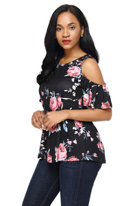 Sexy Pink Floral Print Black Background Womens Top