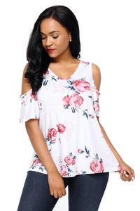 Sexy Pink Floral Print White Background Womens Top