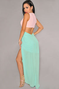 Sexy Pink Green Cut-Out Side Slit Maxi Dress