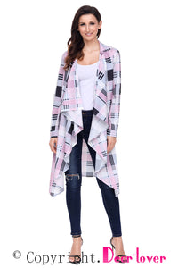Sexy Pink Hipster Plaid Draped Open Front Cardigan