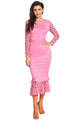 Sexy Pink Hollow-out Long Sleeve Lace Ruffle Bodycon Midi Dress