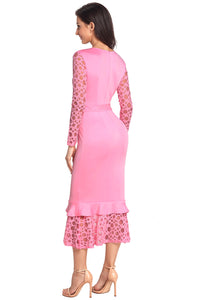 Sexy Pink Hollow-out Long Sleeve Lace Ruffle Bodycon Midi Dress