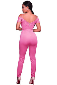 Sexy Pink Lace Applique Spaghetti Straps Cold Shoulder Jumpsuit