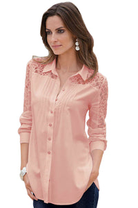 Sexy Pink Lace Splice Long Sleeve Button Down Shirt