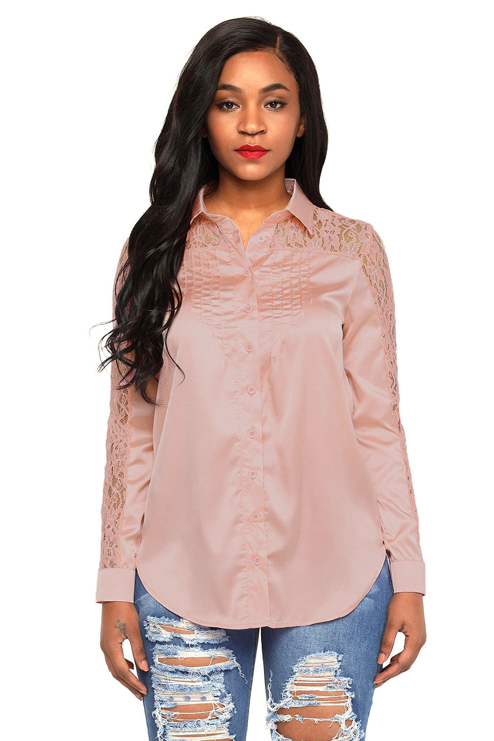 Sexy Pink Lace Splice Long Sleeve Button Down Shirt – SEXY AFFORDABLE  CLOTHING