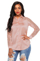 Sexy Pink Lace Splice Long Sleeve Button Down Shirt