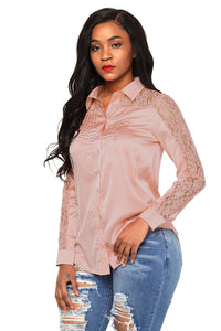 Sexy Pink Lace Splice Long Sleeve Button Down Shirt