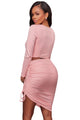 Sexy Pink Lace Up Long Sleeve Crop Top Skirt Set