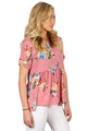 Sexy Pink Lace-up Back Floral Ruffle Top