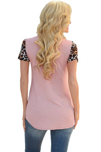 Sexy Pink Leopard Print Spliced Women T-shirt