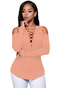 Sexy Pink Long Sleeve Cut-out Shoulder Ribbed Top