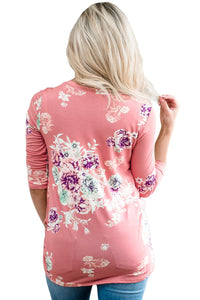 Sexy Pink Long Sleeve Knotted Floral Print Blouse