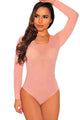 Sexy Pink Long Sleeve Sheer Mesh Bodysuit