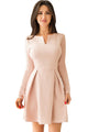 Sexy Pink Long Sleeve V Neck Pleated Skater Dress