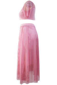 Sexy Pink Mesh Joint Plus Crop Top Skirt Set