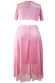 Sexy Pink Mesh Joint Plus Crop Top Skirt Set
