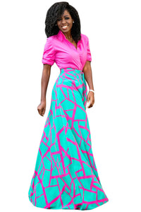 Sexy Pink Mint Scattered Crack Flowy Maxi Skirt