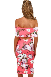 Sexy Pink Multi Floral Bardot Bodycon Midi Dress