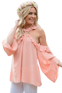 Sexy Pink O-ring Connected Ruffle Detail Off Shoulder Top