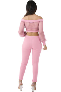 Sexy Pink Off The Shoulder Mesh Pant Set