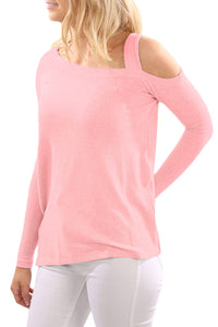 Sexy Pink One Shoulder Long Sleeve Top with Slit