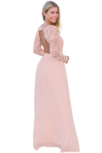 Sexy Pink Open Back Long Sleeve Crochet Maxi Party Dress