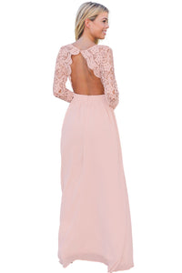 Sexy Pink Open Back Long Sleeve Crochet Maxi Party Dress