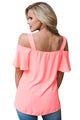 Sexy Pink Open Shoulder Ruffle Sleeve Asymmetric Hem Top