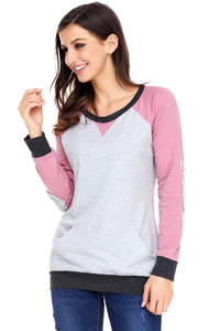 Sexy Pink Raglan Sleeve Patch Elbow Sweatshirt Top