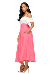Sexy Pink Retro High Waist Pleated Belted Maxi Skirt