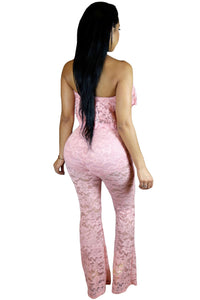 Sexy Pink Ruffle Lace Crop Top Wide Leg Pant Set