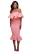 Sexy Pink Ruffle Off Shoulder Mermaid Midi Party Dress