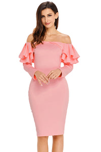 Sexy Pink Ruffle Off The Shoulder Long Sleeve Bodycon Dress