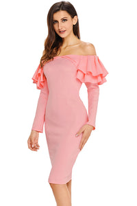 Sexy Pink Ruffle Off The Shoulder Long Sleeve Bodycon Dress