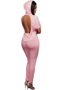 Sexy Pink Scoop Back Hooded 2pcs Pant Set