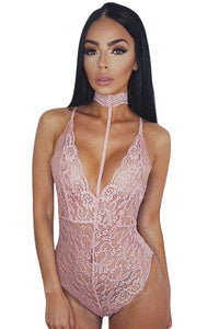 Sexy Pink Sheer Lace Choker Neck Teddy Lingerie