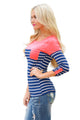 Sexy Pink Shoulder Blue White Striped Blouse