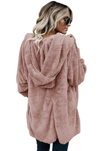 Sexy Pink Soft Fleece Hooded Open Front Coat