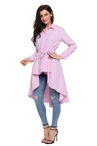 Sexy Pink Striped Lapel Shirt High Low Belted Blouse Top
