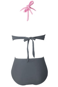 Sexy Pink Taupe Stylish Bicolor High Waist Swimsuit