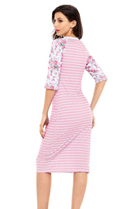 Sexy Pink White Stripe Floral Sleeve Midi Dress