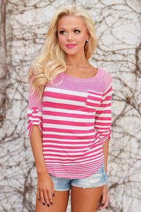 Sexy Pink White Striped Long Sleeve Blouse