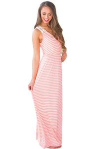 Sexy Pink White Stripes Print Lace Back Maxi Boho Dress